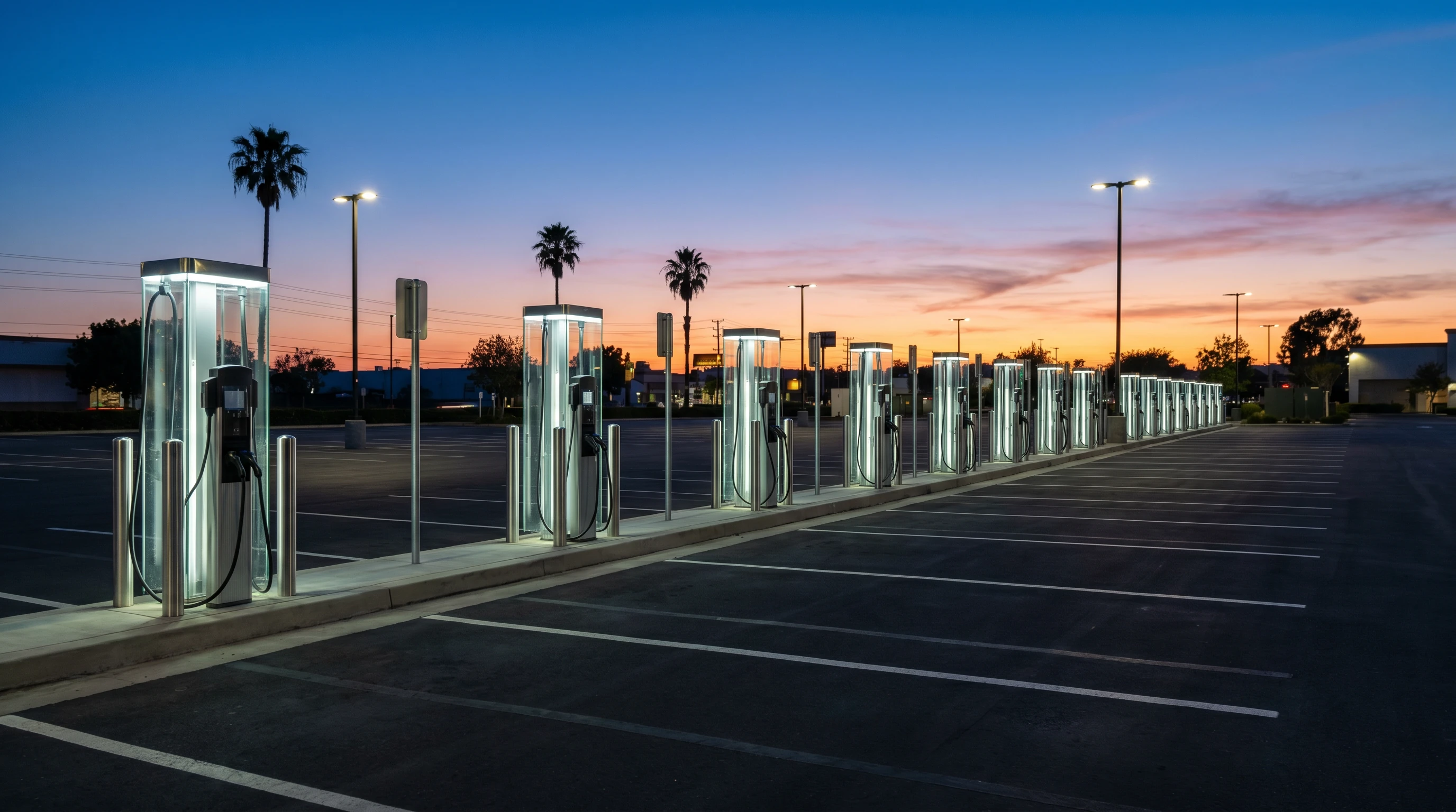 Commercial EV charging pedestals illuminated in a California parking lot at dusk